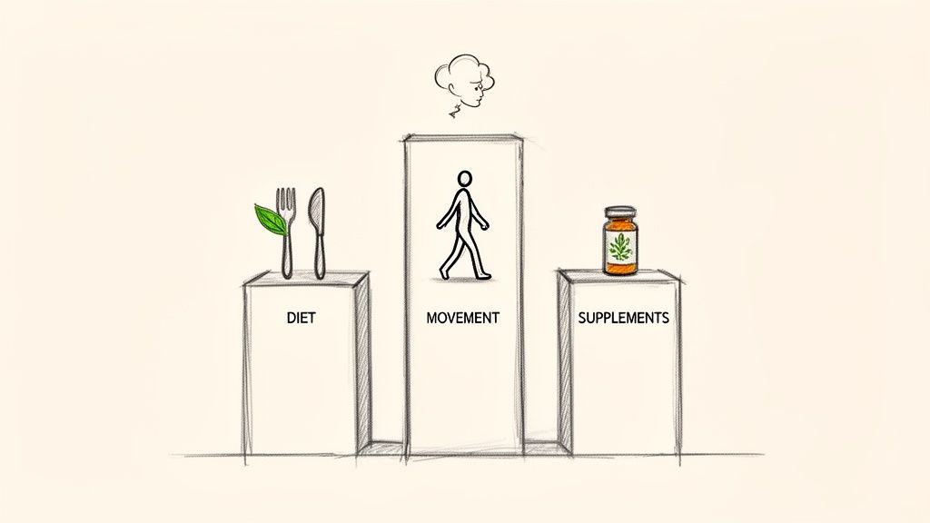 Diagram showing three pillars of well-being: Diet, Movement, and Supplements, with a thought cloud indicating cognitive issues.