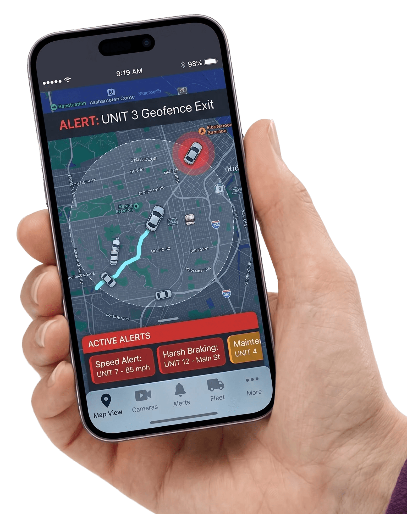 Phone displaying a vehicle geofence alert and fleet locations