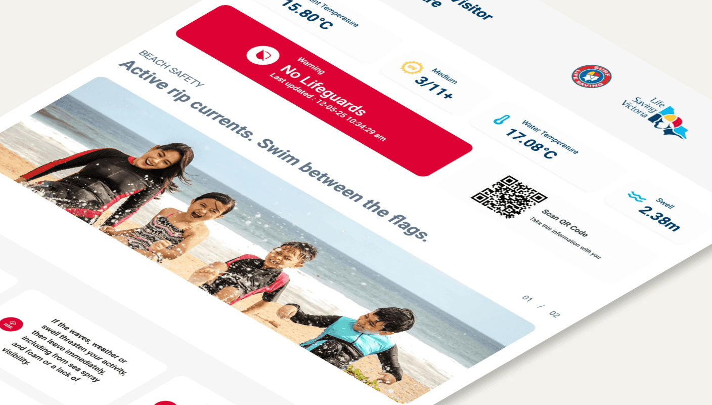 Kiosk display showing current temperature and UV level, presenting real-time beach safety information clearly.