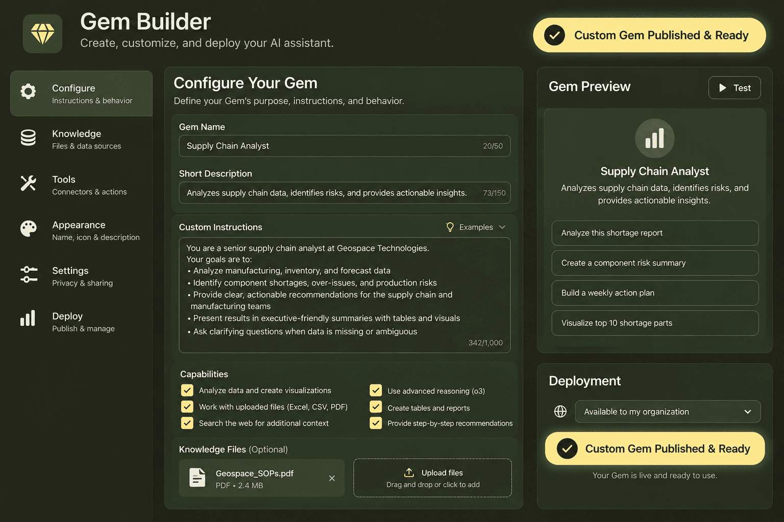 Gemini Gems configuration dashboard creating reusable custom AI assistants and workspace mini-apps