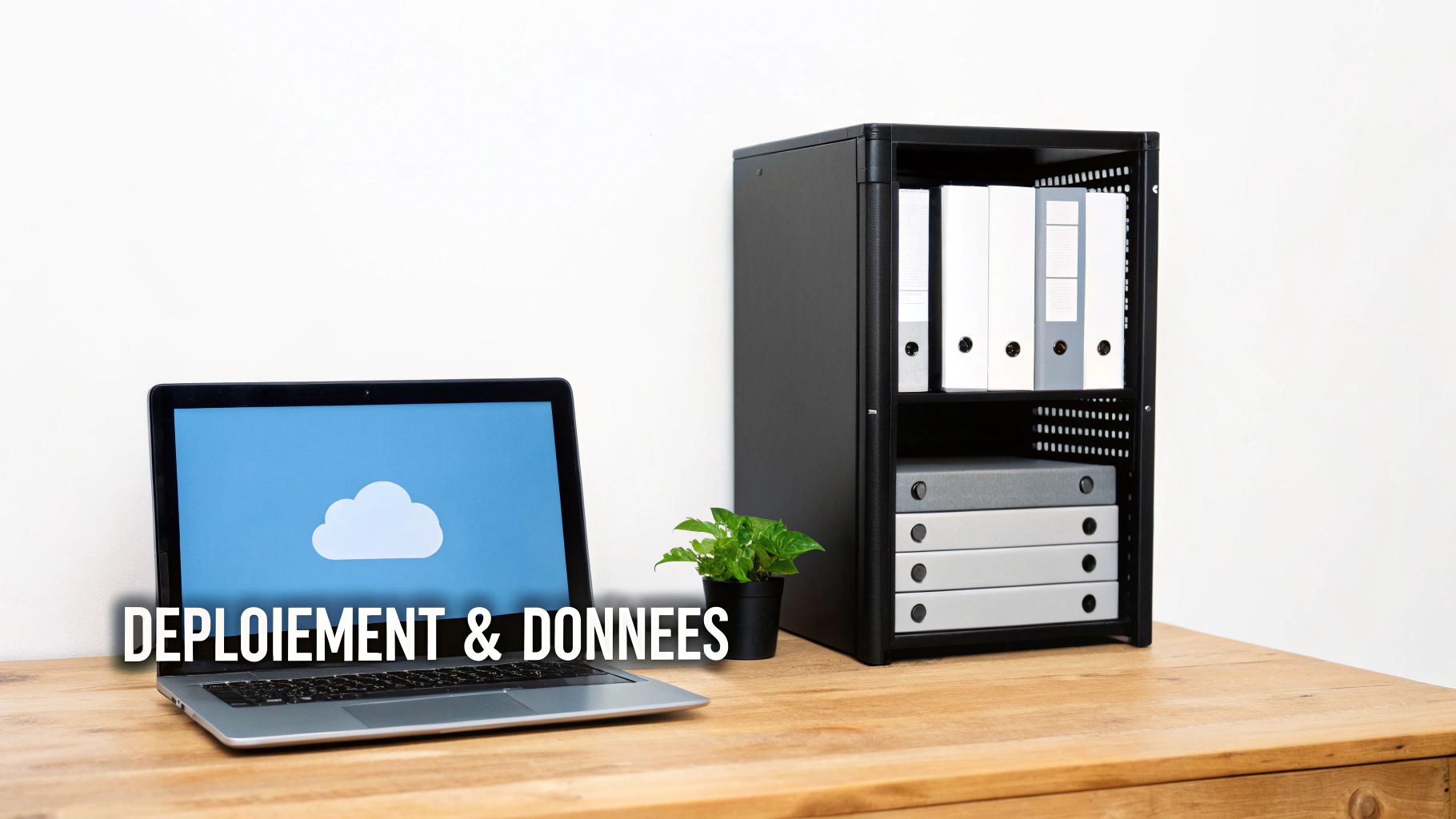 Ordinateur portable sur un bureau en bois affichant une icône de nuage, avec une étagère de rangement et une plante.