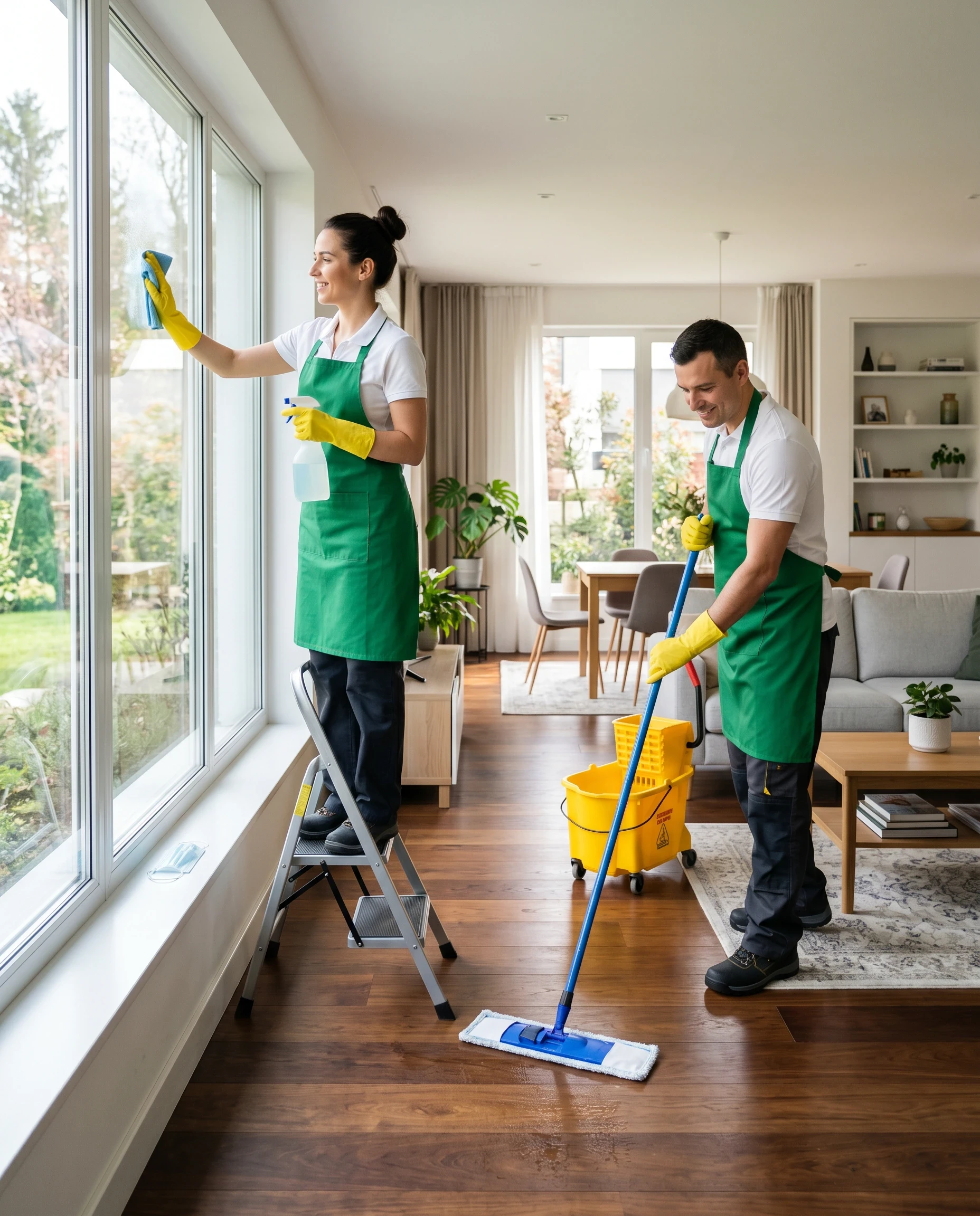 Two cleaners in green aprons cleaning windows and floors in a modern home.