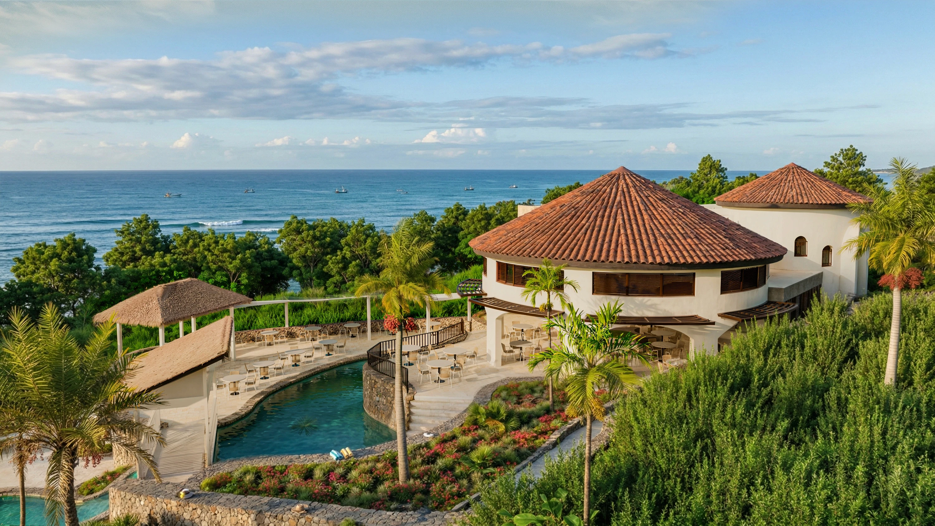 Open-air pool and dining terrace at Papa Don's Restaurant, Windjammer Landing, Saint Lucia with ocean views