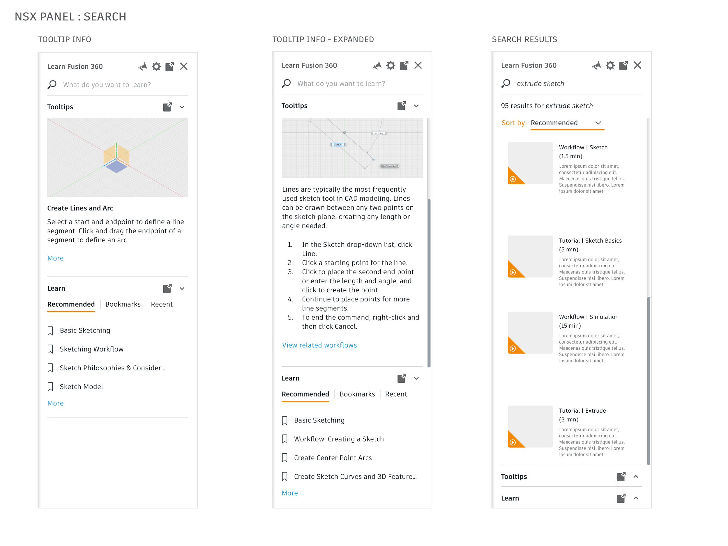 Mockup of tutorial and search results within learning panel