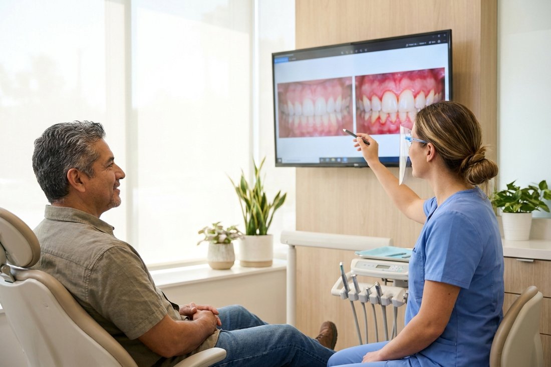 Dentist explaining the difference between a regular cleaning and a deep cleaning to a patient on a screen