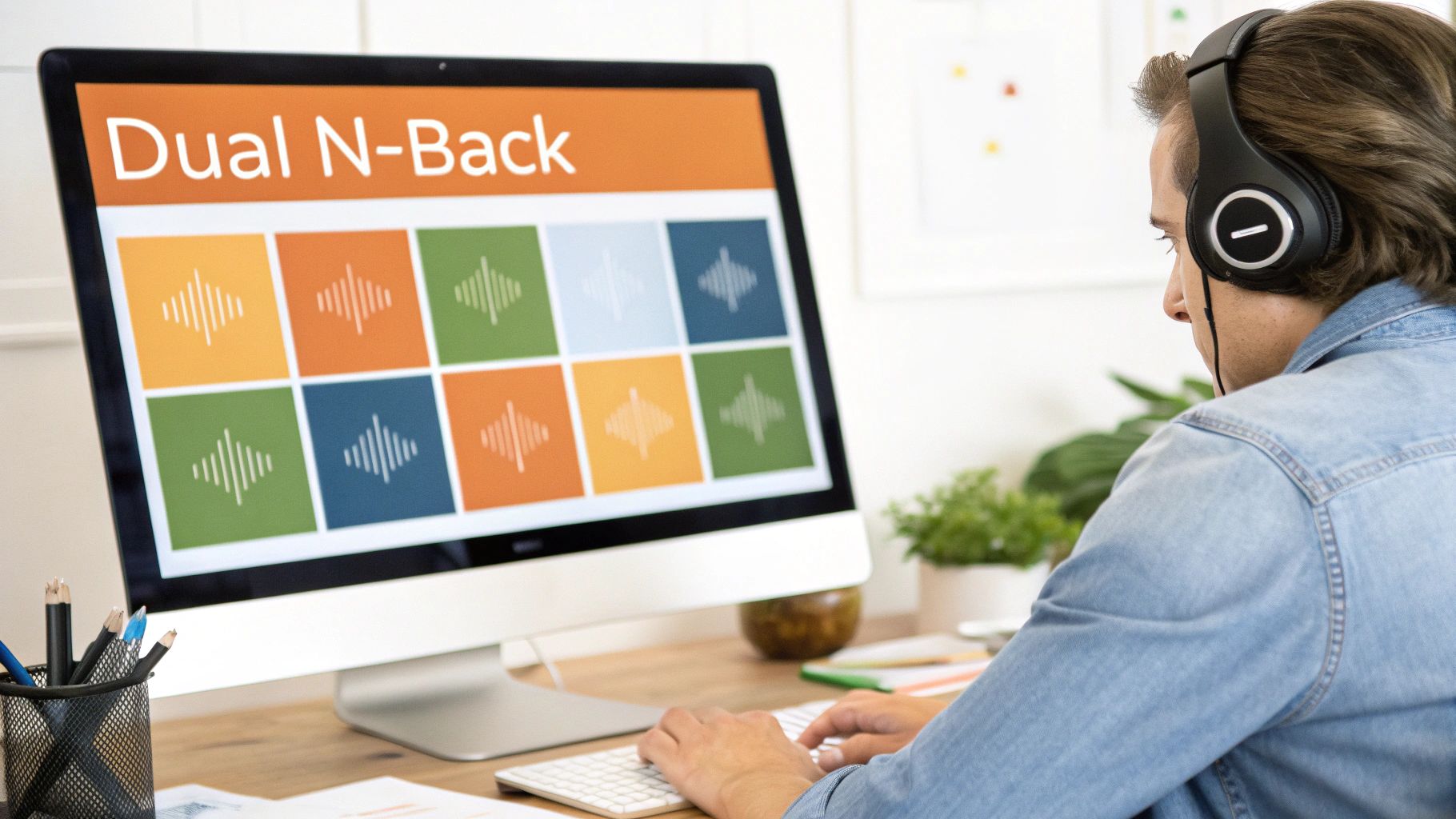Man with headphones doing Dual N-Back brain training exercises on a computer.