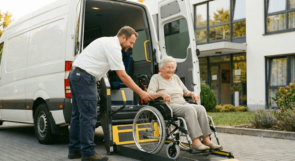 Krankenfahrer hilft älterer Frau im Rollstuhl aus dem Krankentransport