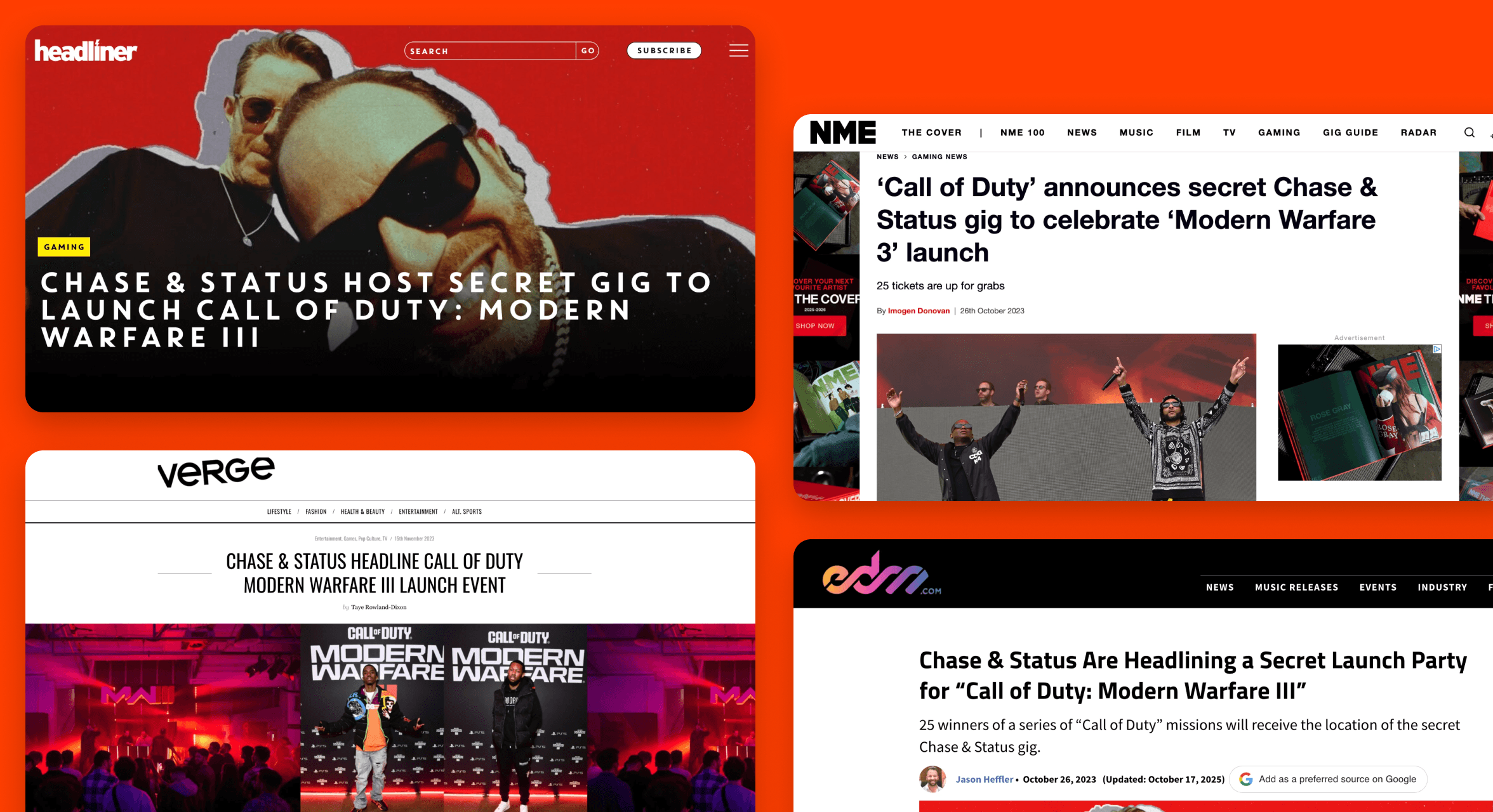 NME, Headliner, Verge Magazine and EDM.com coverage of the Call of Duty Chase & Status secret gig