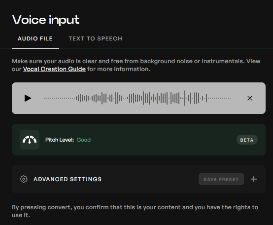 Voice input field with an uploaded audio file