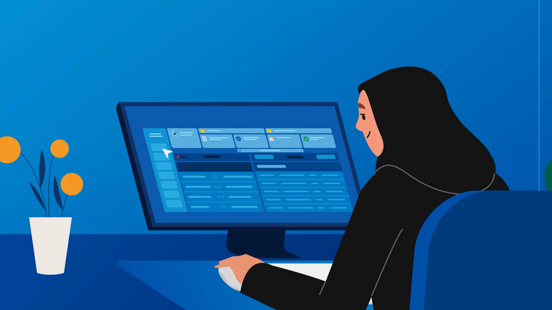 Illustration of a woman working on a desktop computer using a digital management platform