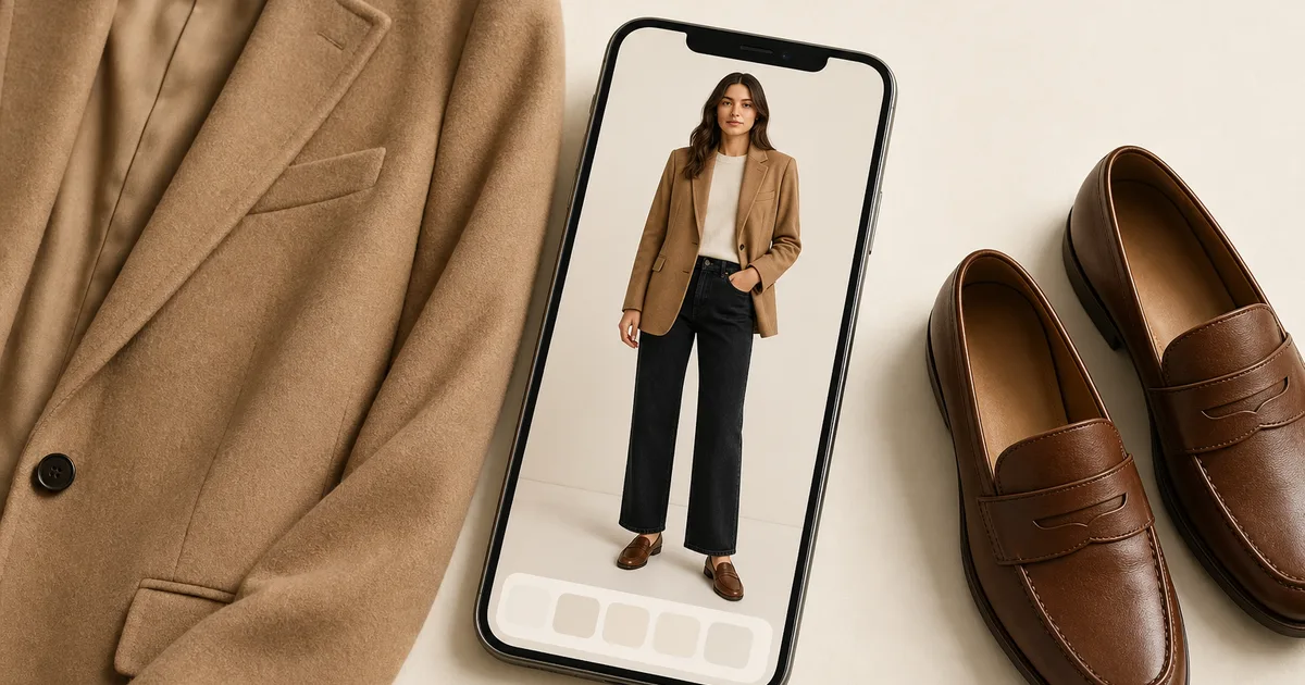 Portrait phone previewing a blazer beside two coordinated wardrobe pieces on a warm ivory background