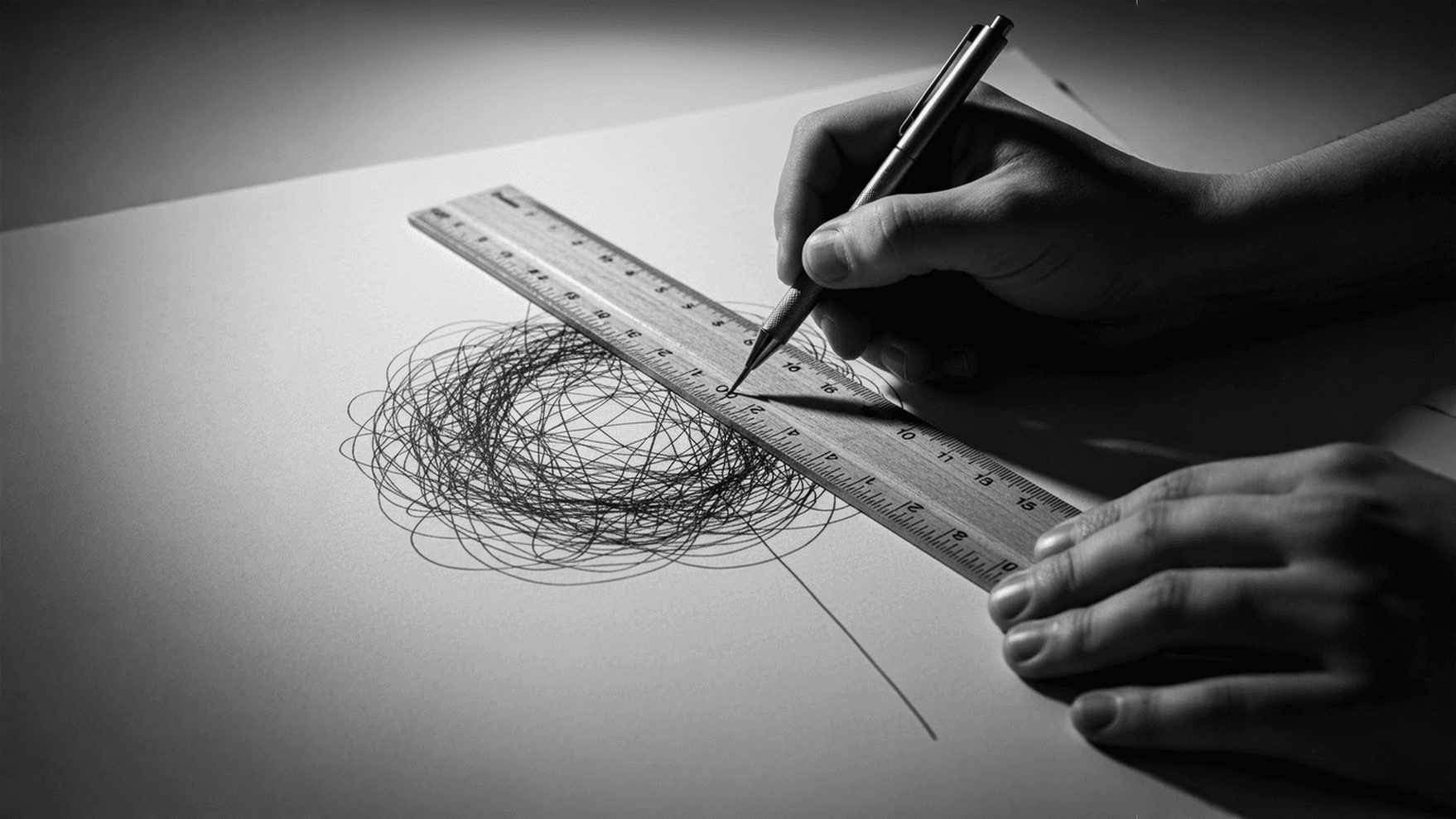 Architect hand drawing a straight line through chaotic scribbles