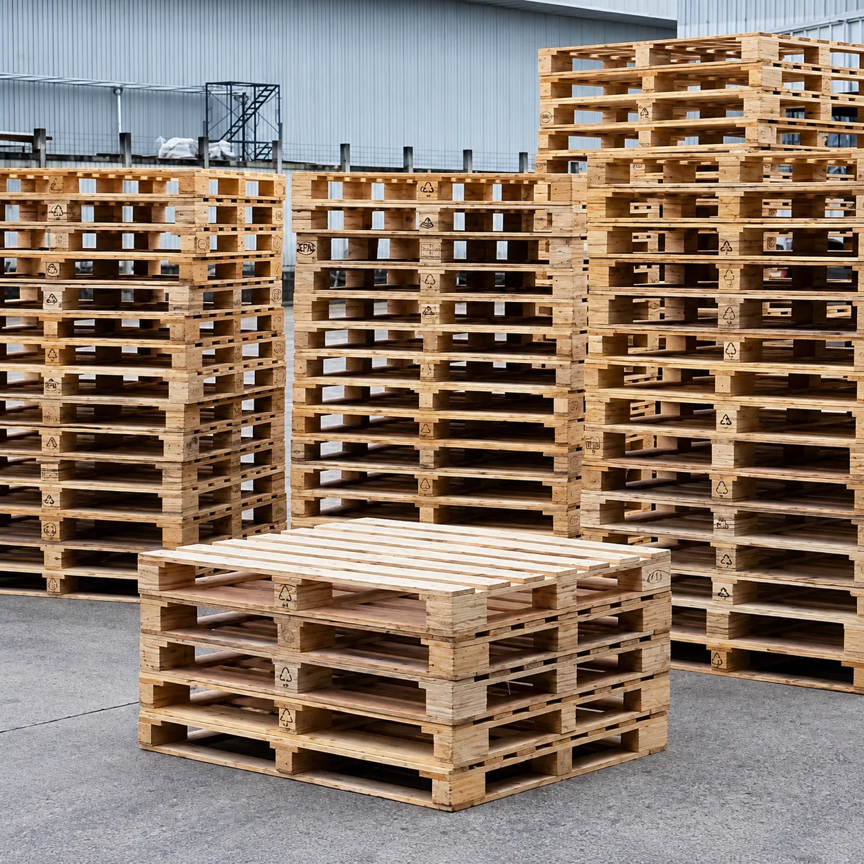 Wooden pallets stacked outside a building ready for collection