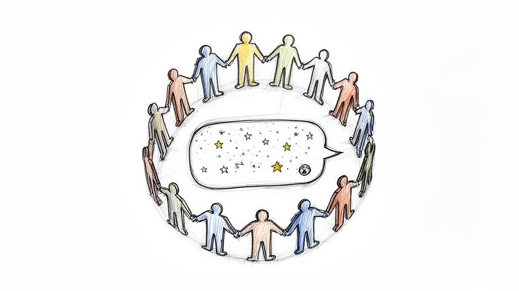 Diverse people holding hands in a circle around a speech bubble with stars and an Earth icon.