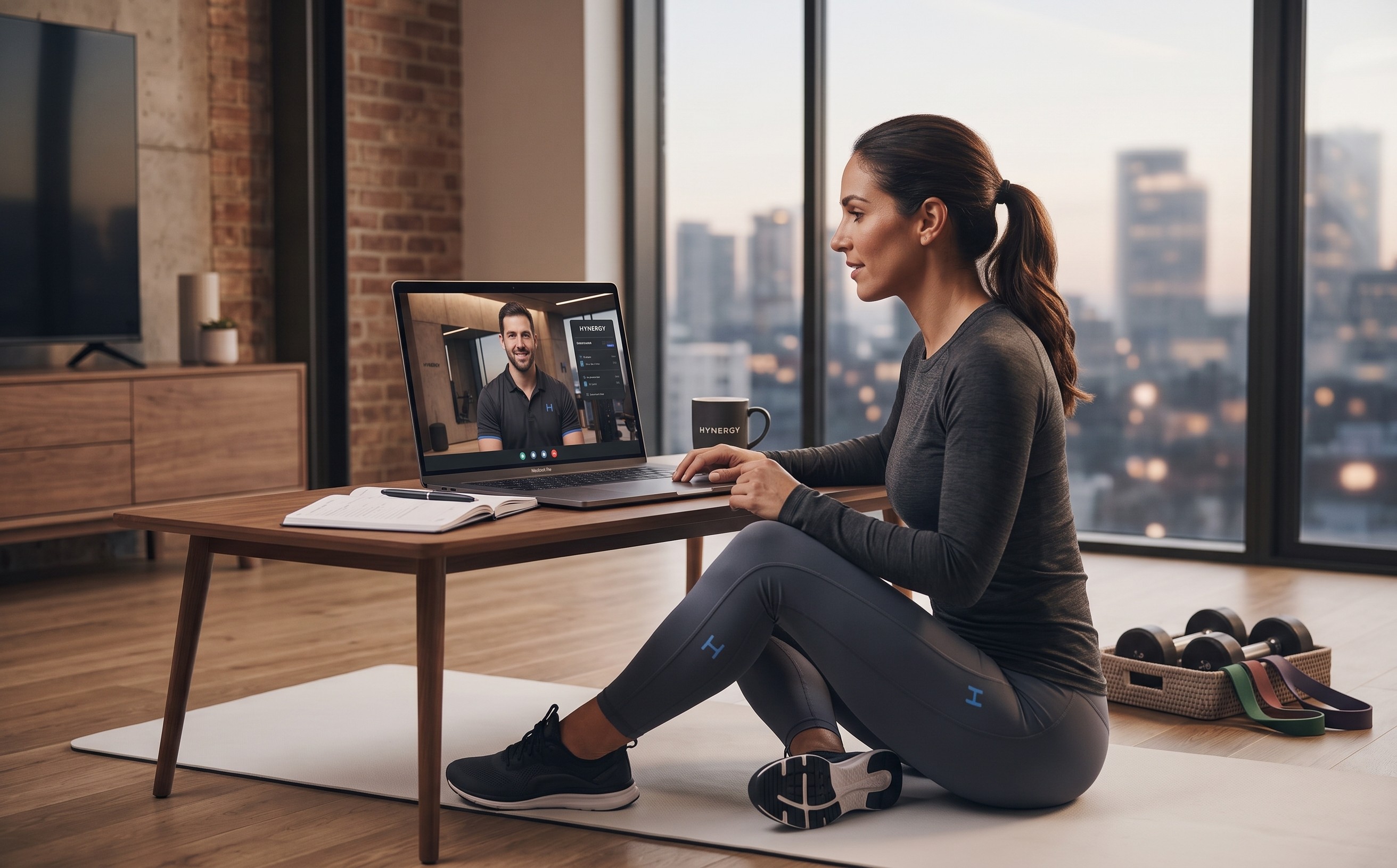 Woman sitting on an exercise mat attending a 1-on-1 online fitness coaching session on her laptop.