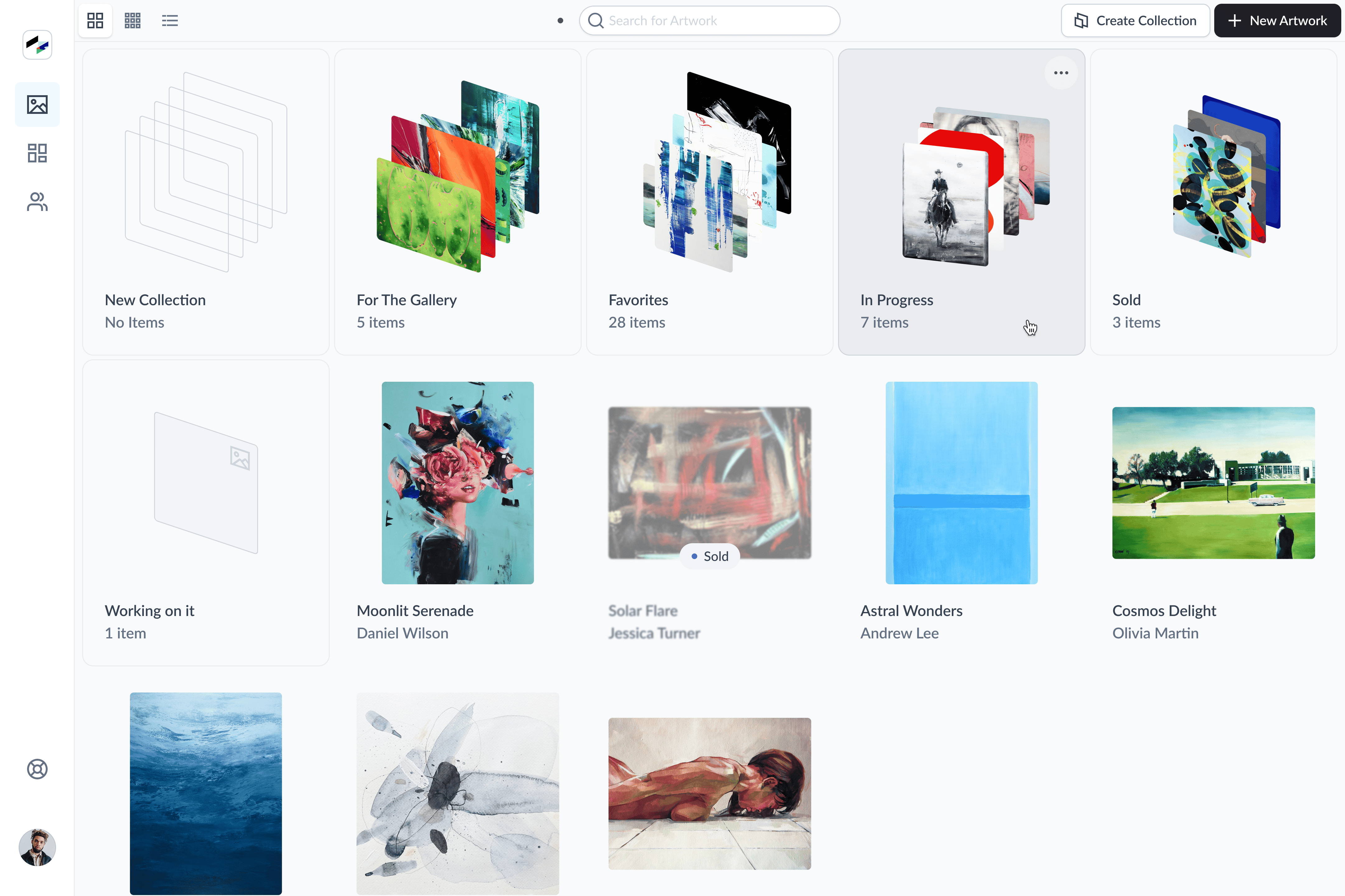 Artwork management interface with categorized collections in an art portfolio app.