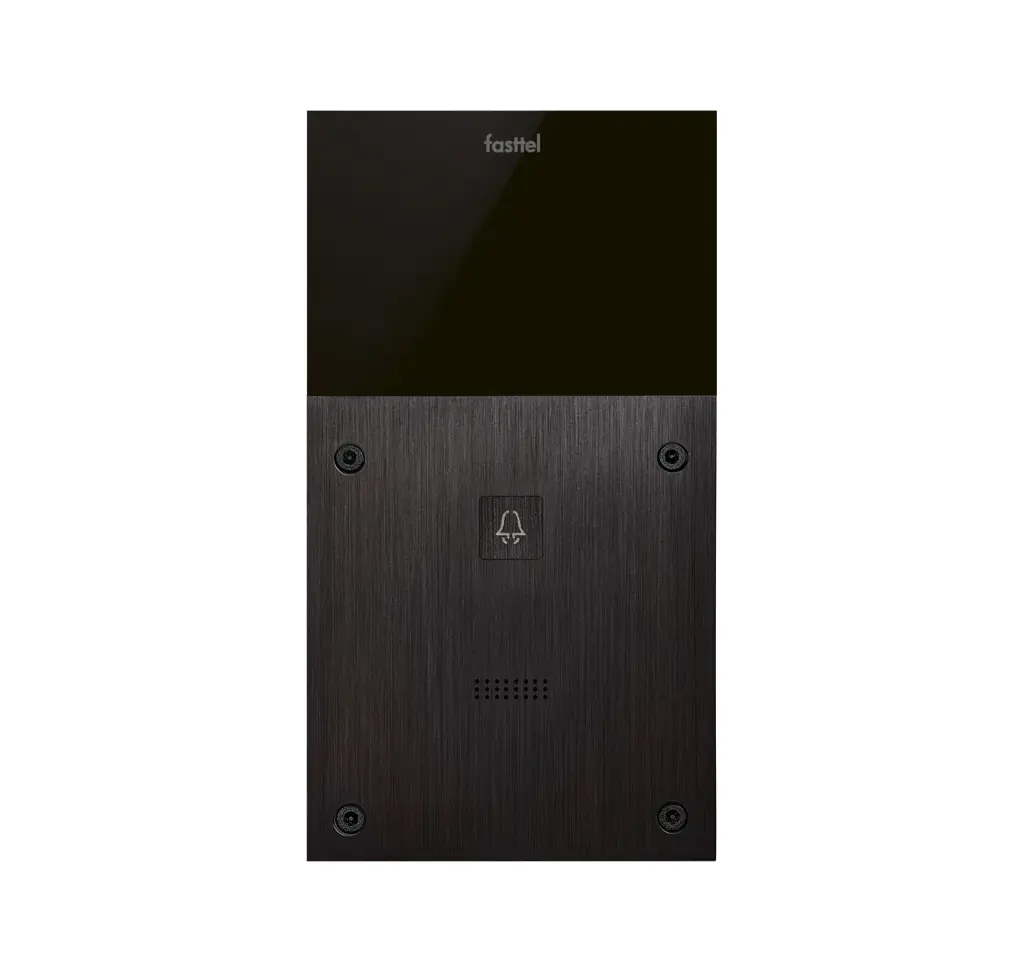 Black smart home device with screen showing time and temp