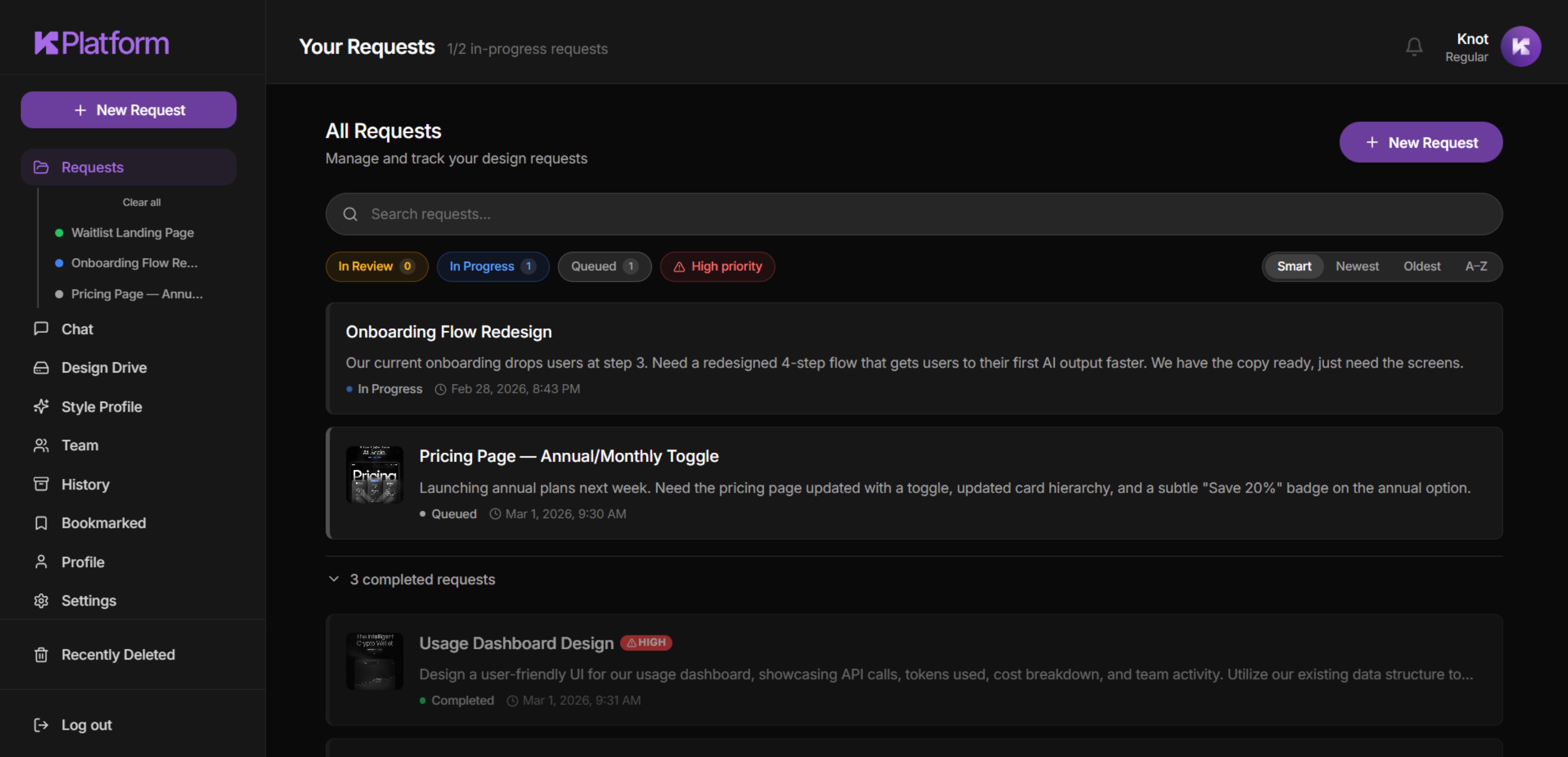 Knot Platform dashboard showing active design requests including an onboarding flow redesign and pricing page update, with request status filters for in-review, in-progress, and queued — design subscription software for startups