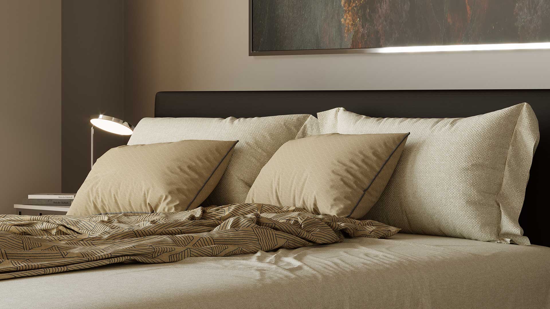 Rendering eines Schlaf- oder Loungebereichs mit neutraler Farbpalette und strukturierten Kissenstoffen