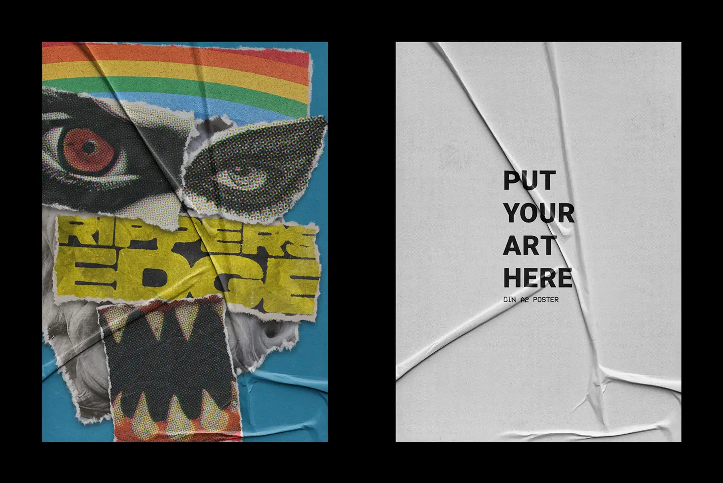 Glued A2 Poster Mockup featuring a ripped paper collage design and a minimalist white placeholder poster