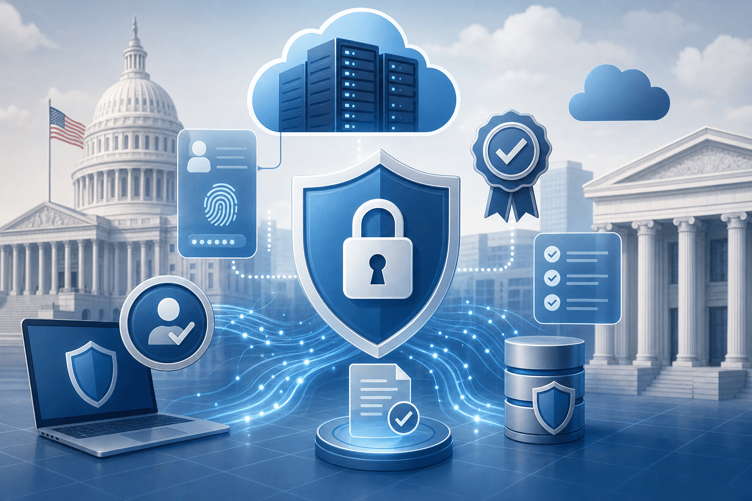 A modern, clean illustration depicting federal security and compliance for government contractors. Show abstract representations of security shields, compliance checkmarks, encrypted data flows, and digital certification badges. Include visual elements suggesting government buildings, secure cloud infrastructure, and compliance frameworks. Use a professional color palette with blues, grays, and subtle accents. The scene should convey trust, security, and regulatory alignment. No text, words, letters, or acronyms in the image.