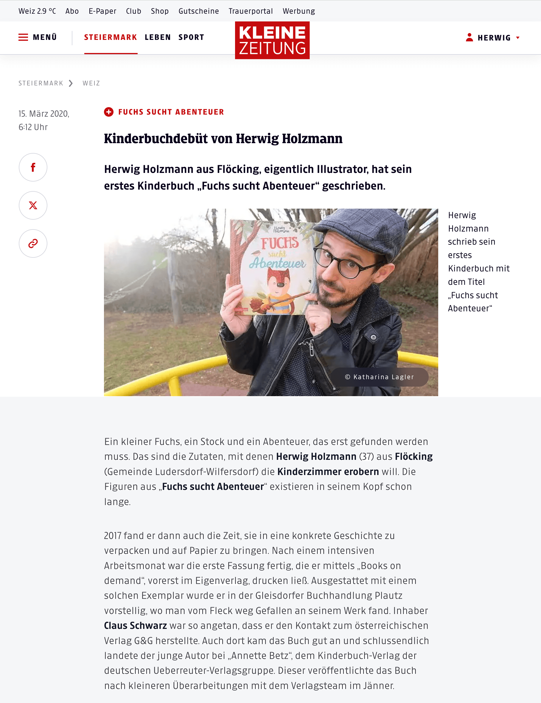 Kinderbuchdebüt von Herwig Holzmann, Artikel Kleine Zeitung