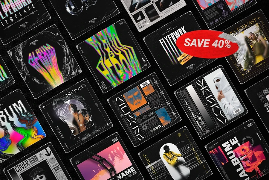 Massive collection of album cover templates featuring a red save seventy percent discount sticker overlay