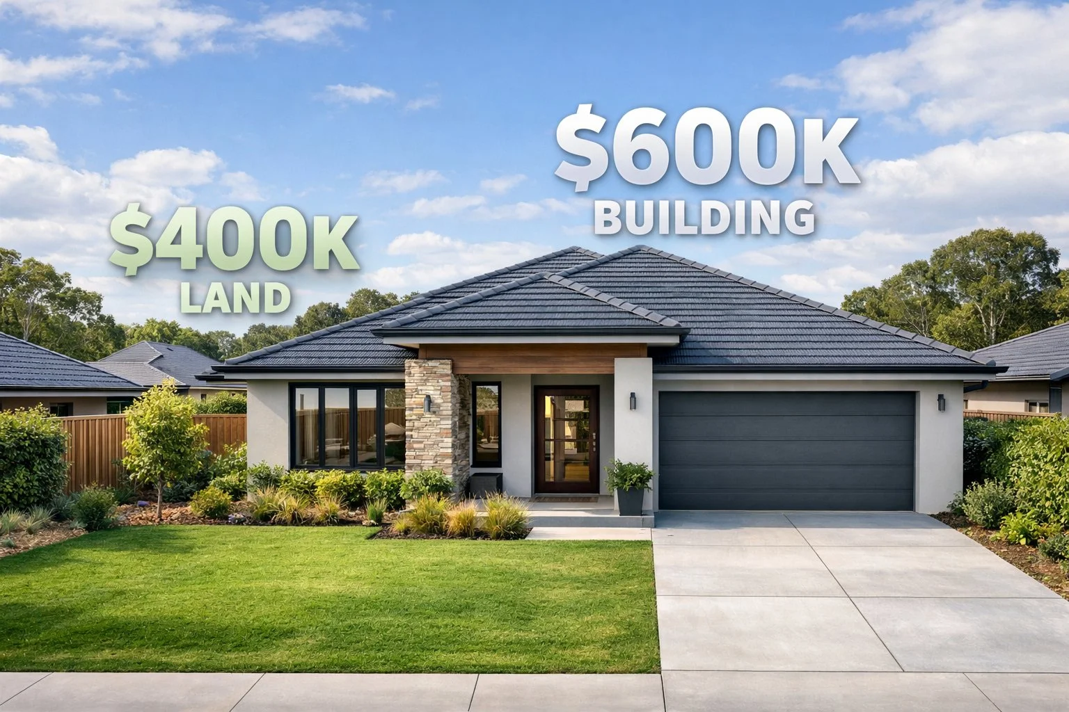 Residential property with a visual cost breakdown overlay, showing land value and building value separated with subtle numeric indicators.