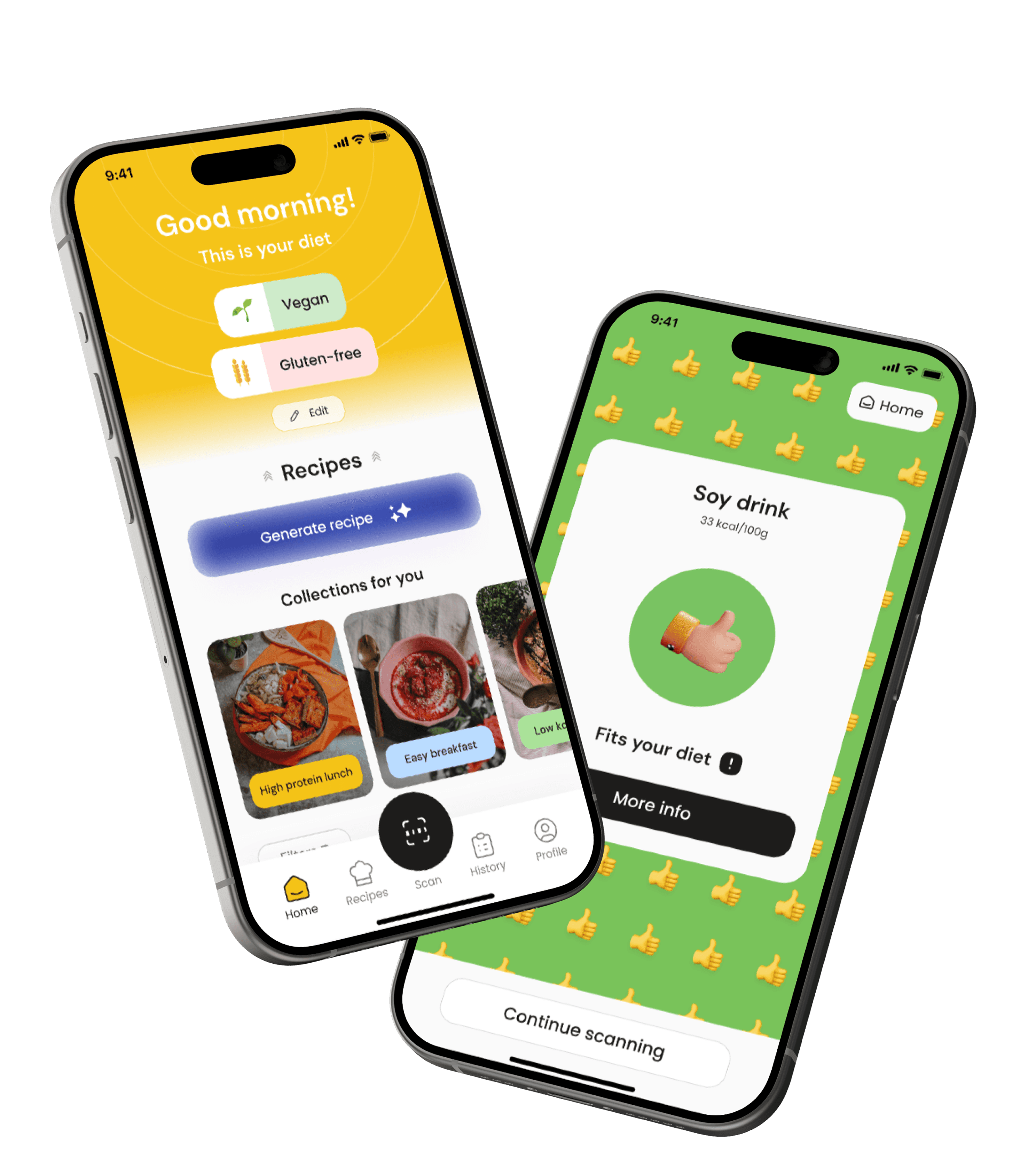 Screenshot of the barri app home screen showing personalized recipe recommendations. The screenshoot of barri app showing recult of the scanning for vegan and gluten free diets.