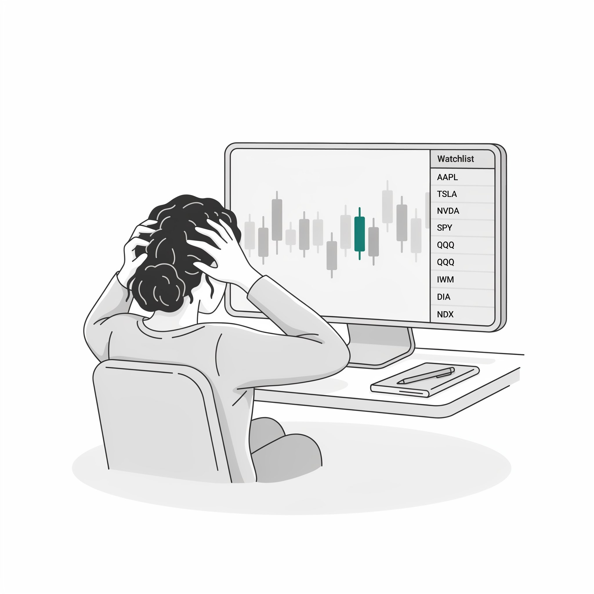 I woman sits at a computer with a chart and a long watchlist while pulling on her hair in frustration.