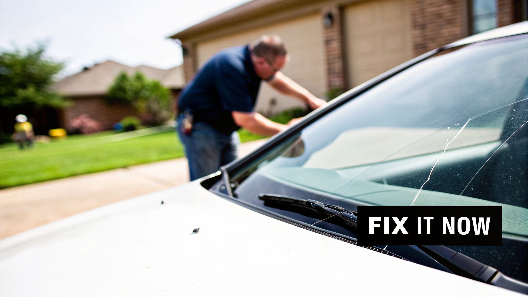 A technician repairs a cracked windshield on a white car, with a 'FIX IT NOW' overlay.