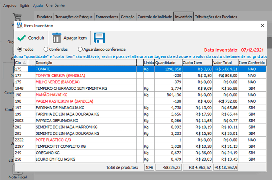 Tela de controle de inventário do Nex
