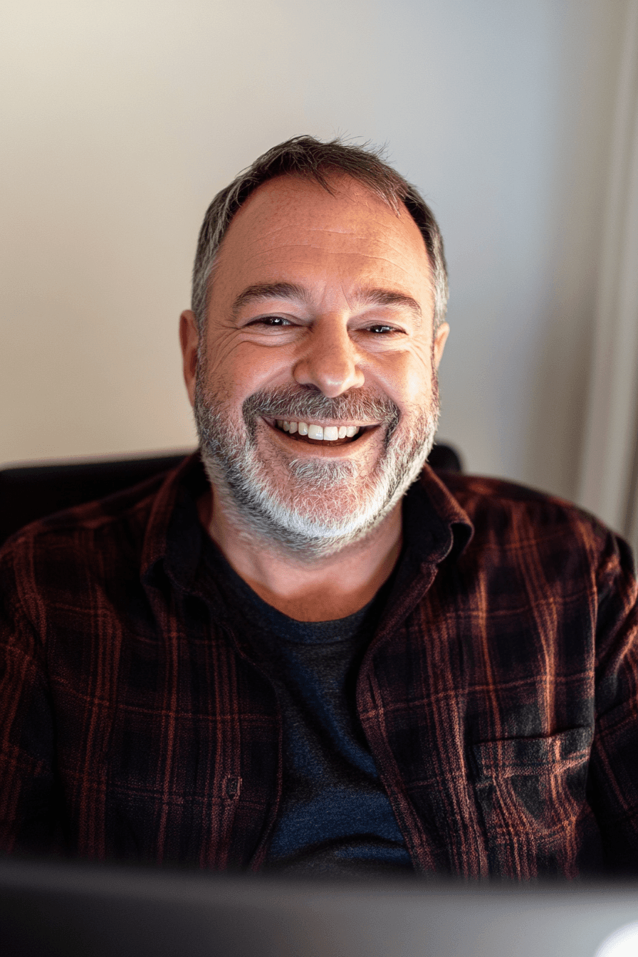 Smiling man sitting at his computer during a virtual dietitian consultation