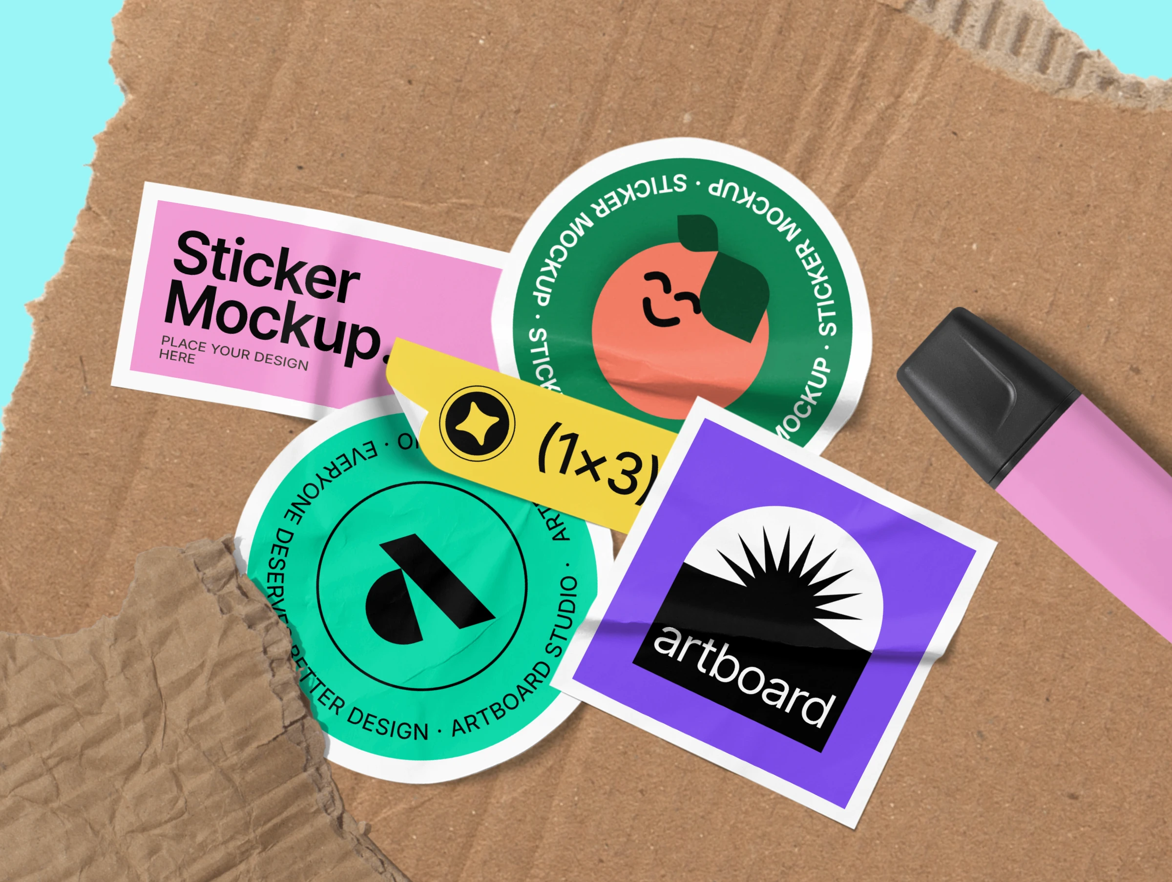 Sticker mockup round and square on a cardboard