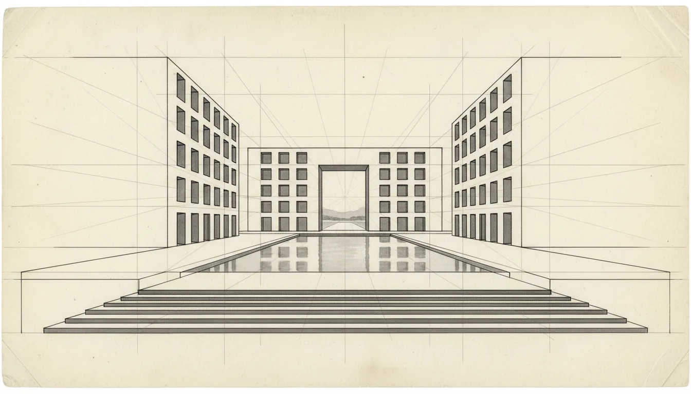An architectural one-point perspective drawing of a minimalist, symmetrical building courtyard. The style is that of a classical academic study, featuring precise black ink linework over faint, visible graphite construction lines. Shading is achieved with a flat, monochrome gray ink wash on the recessed windows and the foreground stairs. The entire piece is rendered on aged, off-white, textured drawing paper, giving it a vintage, scholarly aesthetic.