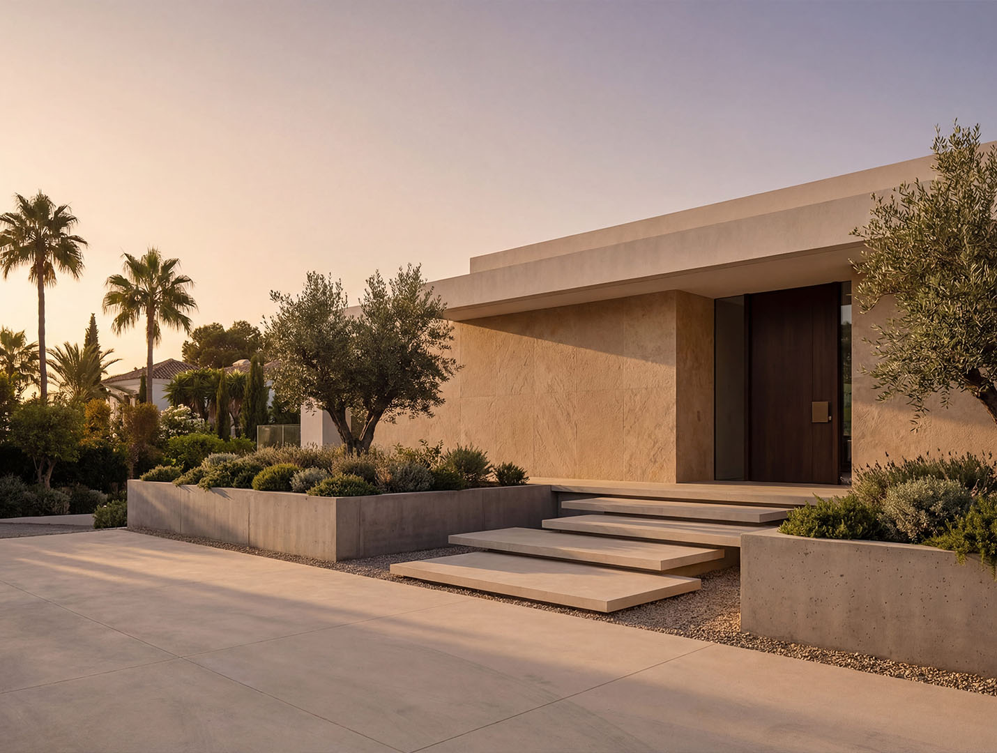 Modern luxury villa entrance in Marbella with minimalist architecture, landscaped garden, and palm trees at sunset