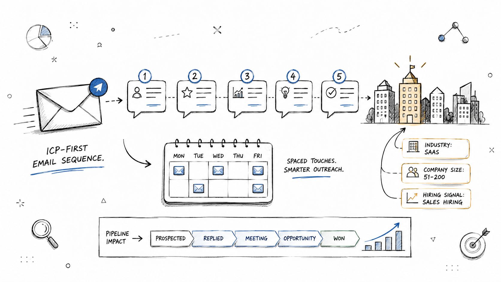 A hand-drawn diagram illustrating a five-step ICP-first email outreach sequence for B2B sales lead generation.