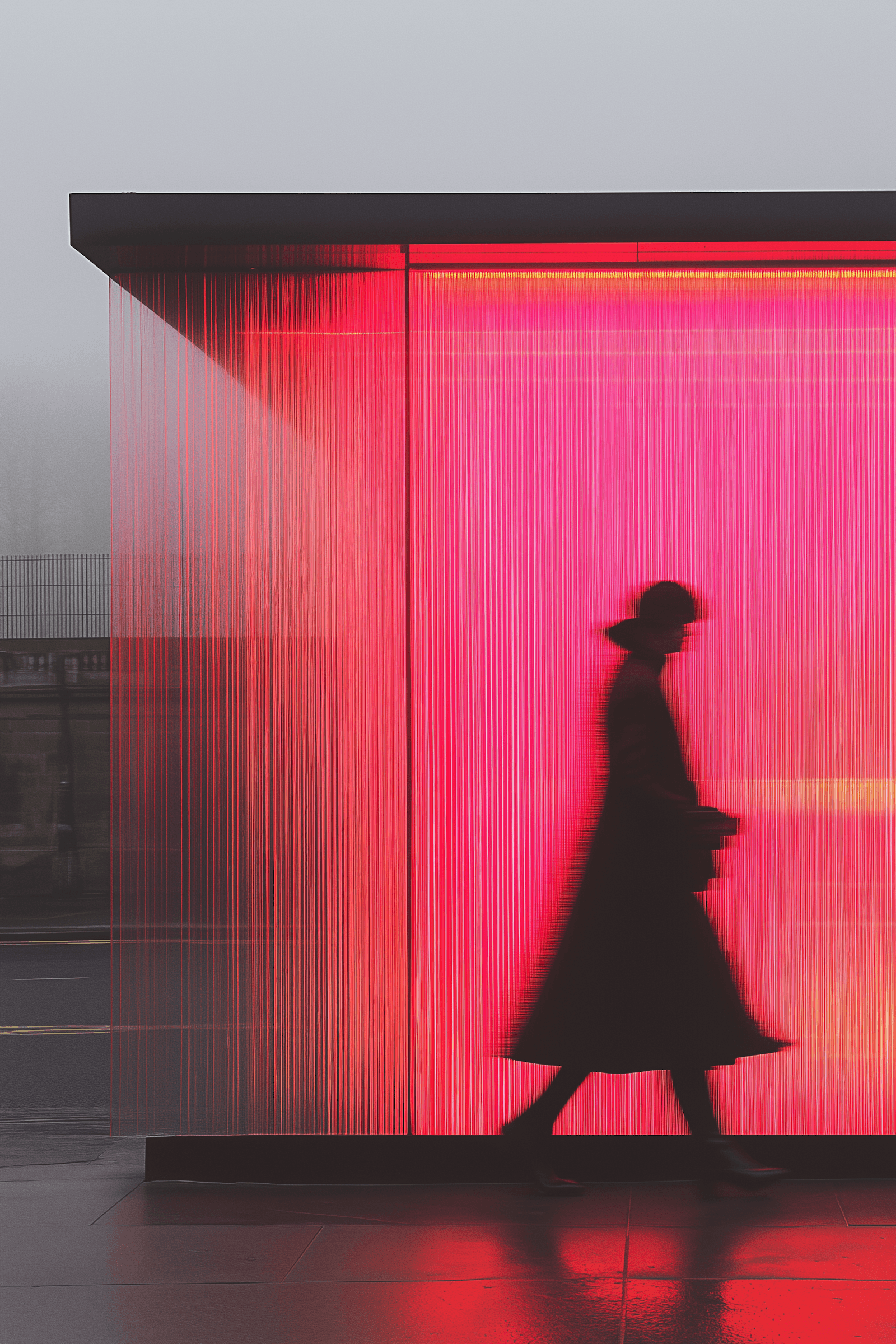 Pink woman in silohette walking