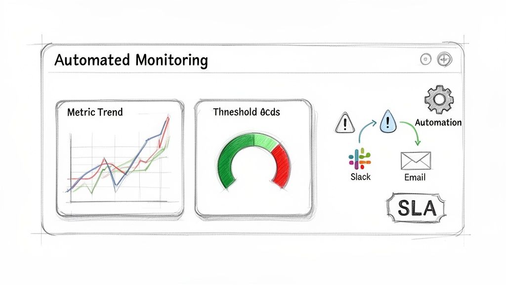 Automated monitoring dashboard displays metric trends, threshold alerts, and automated notifications to Slack and email.