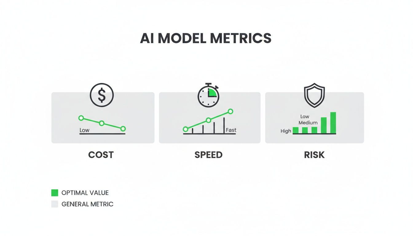 A graphic illustrating AI model metrics for cost, speed, and risk, showing optimal value trends.