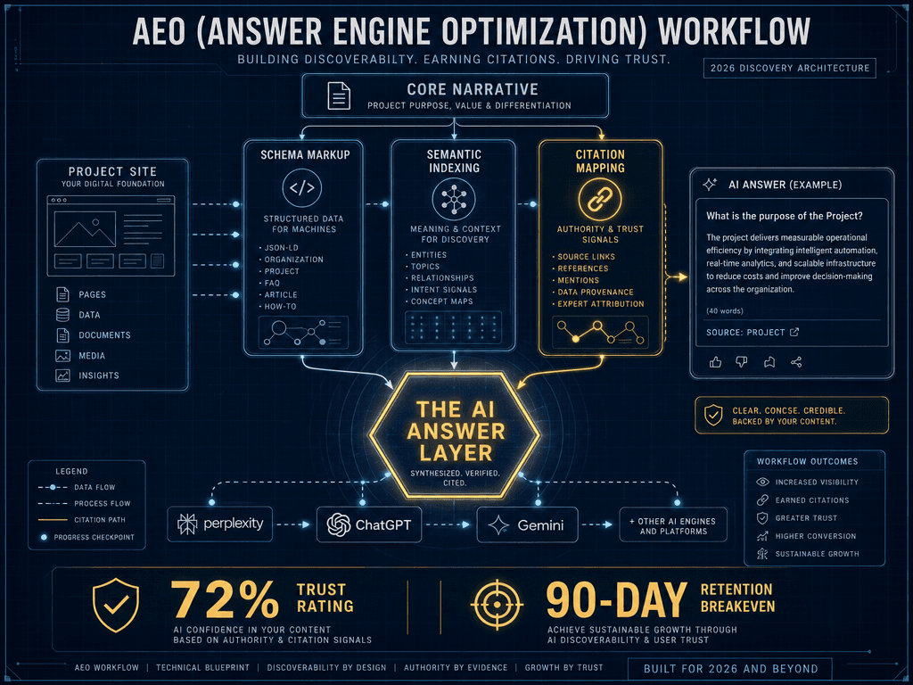 Technical workflow diagram for Answer Engine Optimization (AEO) in crypto marketing, showing how content is indexed by AI search engines.