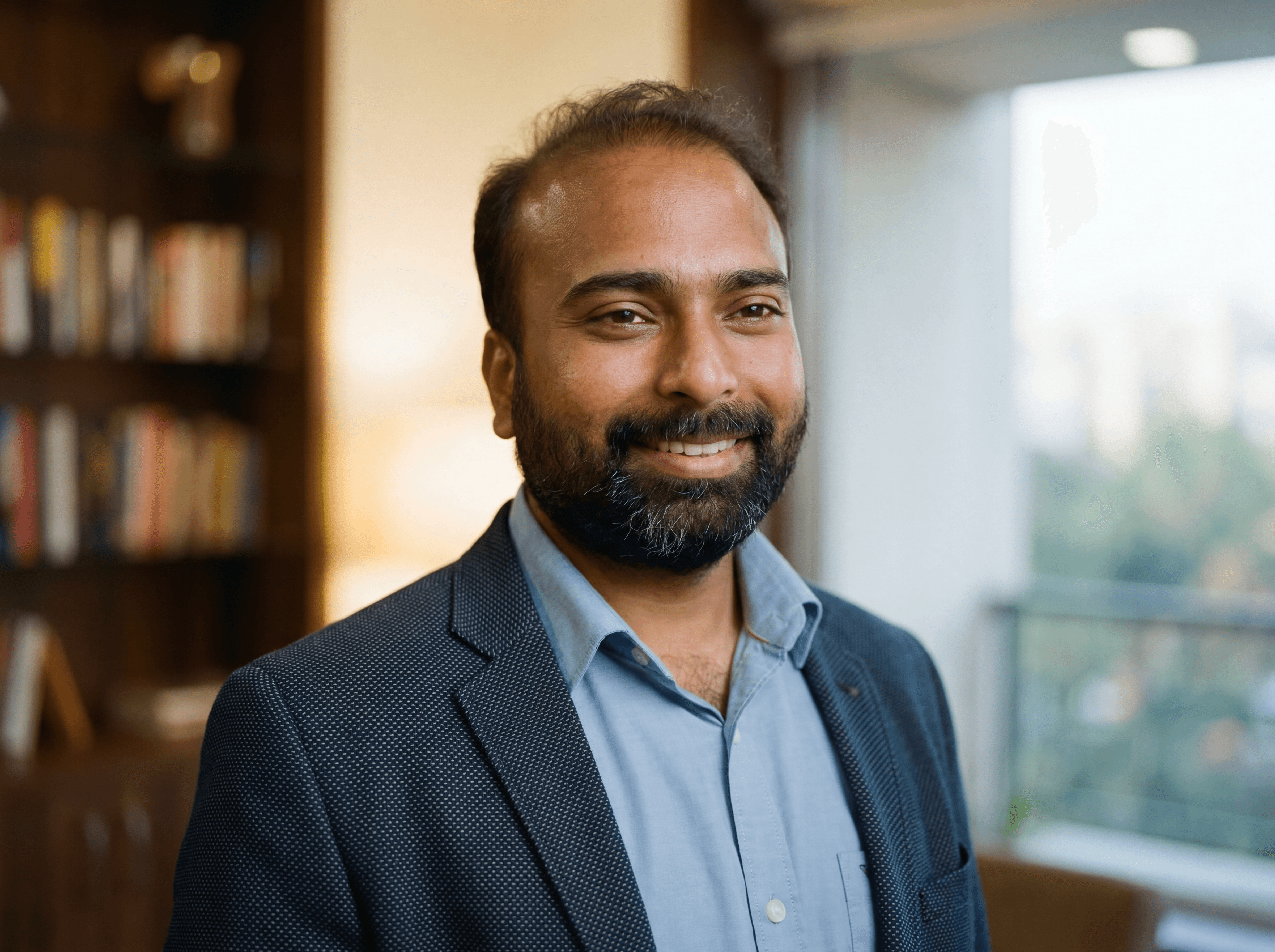 A smiling man with short hair stands with arms crossed, wearing a dark shirt against a neutral background.