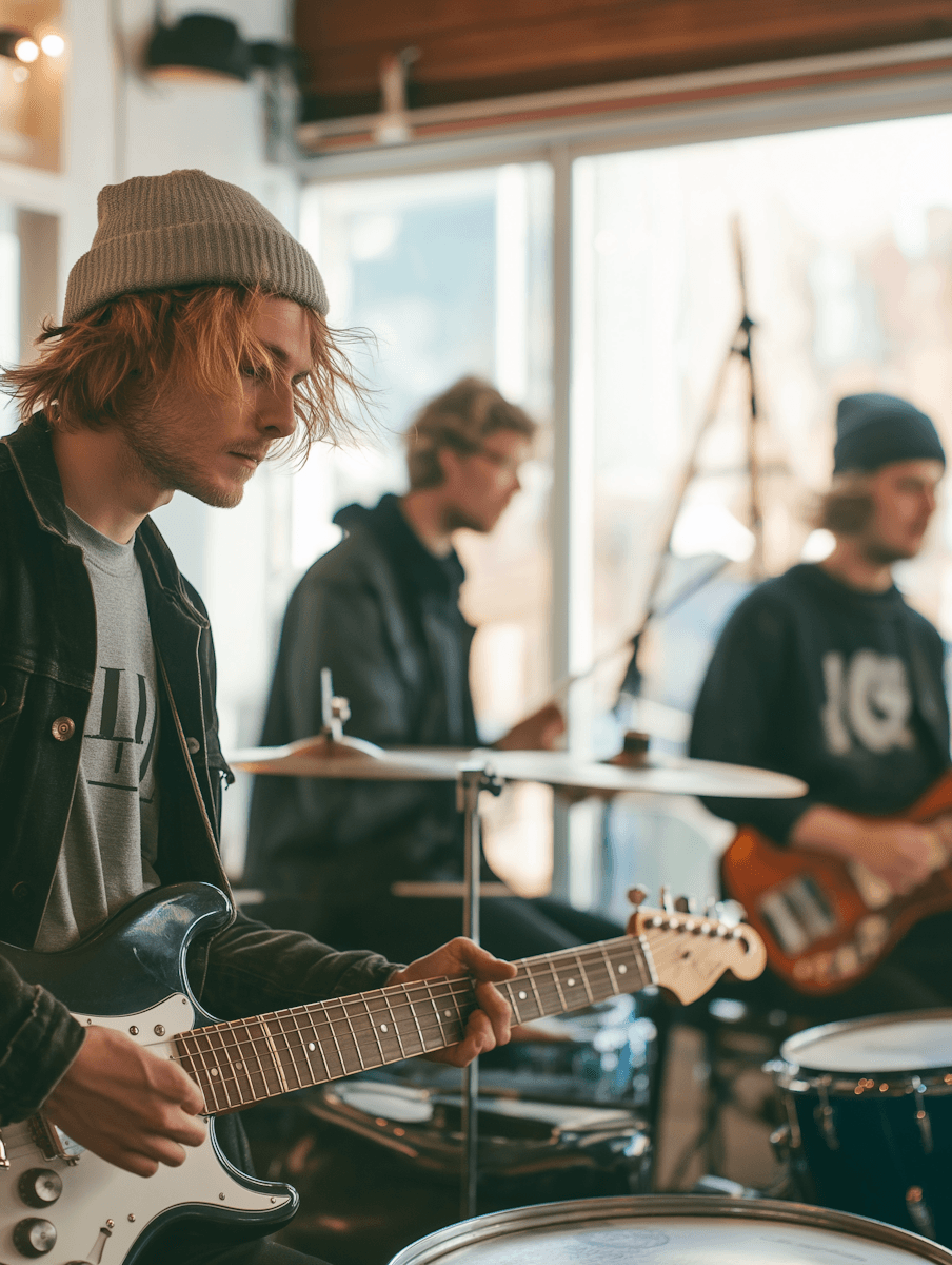 Color photo of a guitarist in a beanie playing in a rehearsal space, with bandmates blurred in the background.
