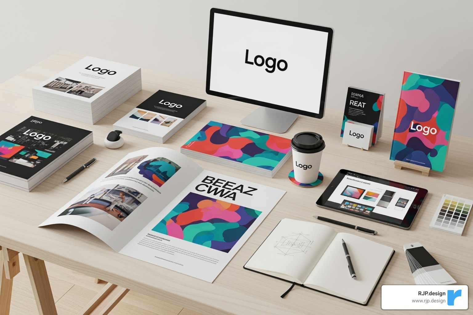 of a designer's desk with examples of print media (brochures, flyers) and a computer screen showing digital ads - our branding and graphic design services (flyers, print media, logos, etc)