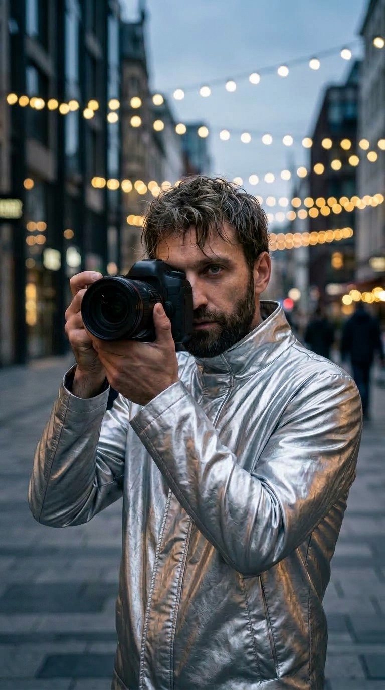 Photographer holding a camera on a city street at night