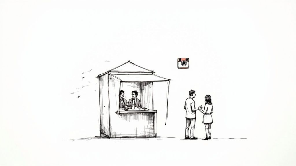 A black and white sketch of a marketing booth with an Instagram logo and people interacting.