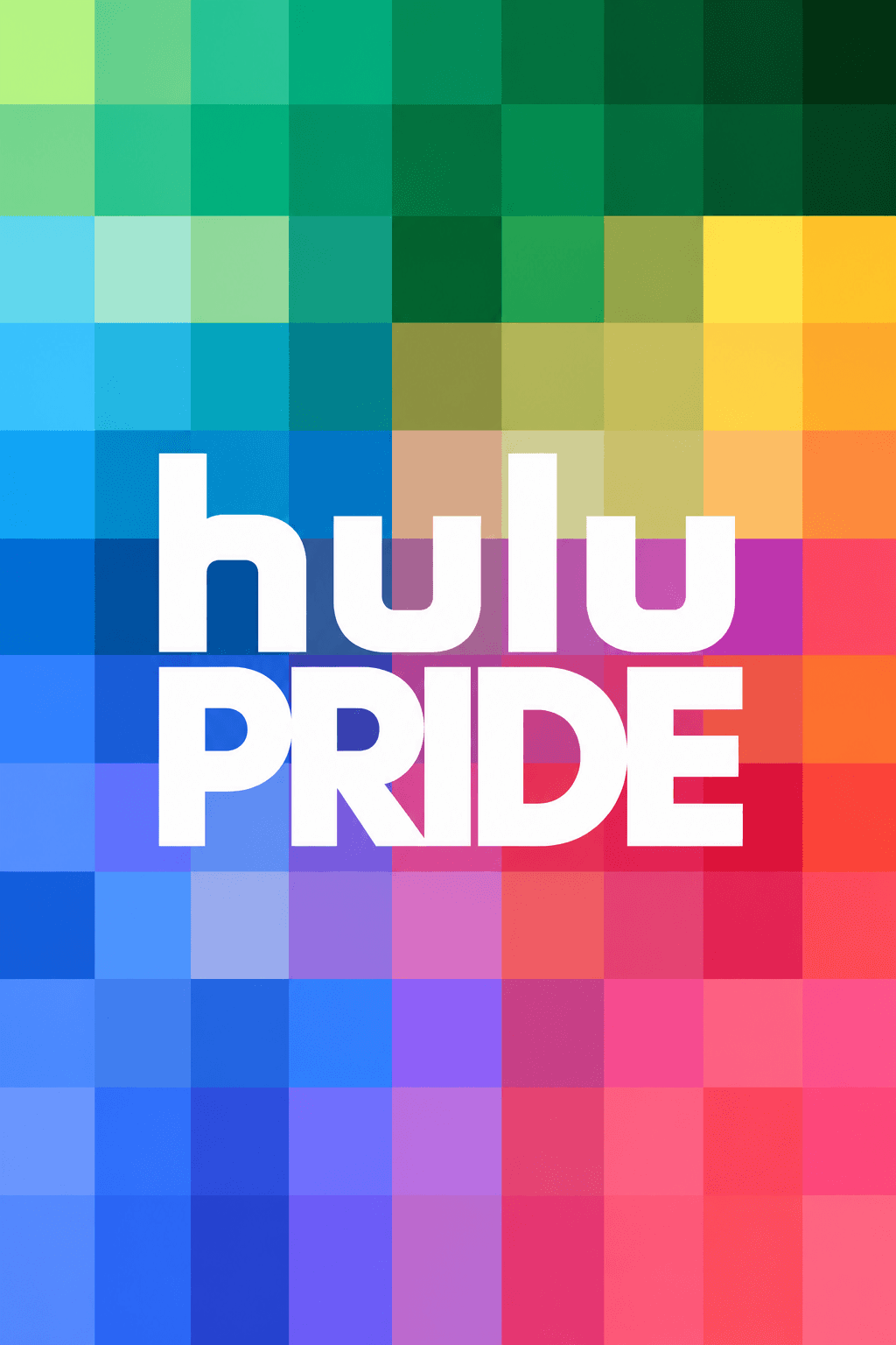 White Hulu Pride lettering over a colorful checkerboard grid of blue, green, yellow, pink, and red squares.