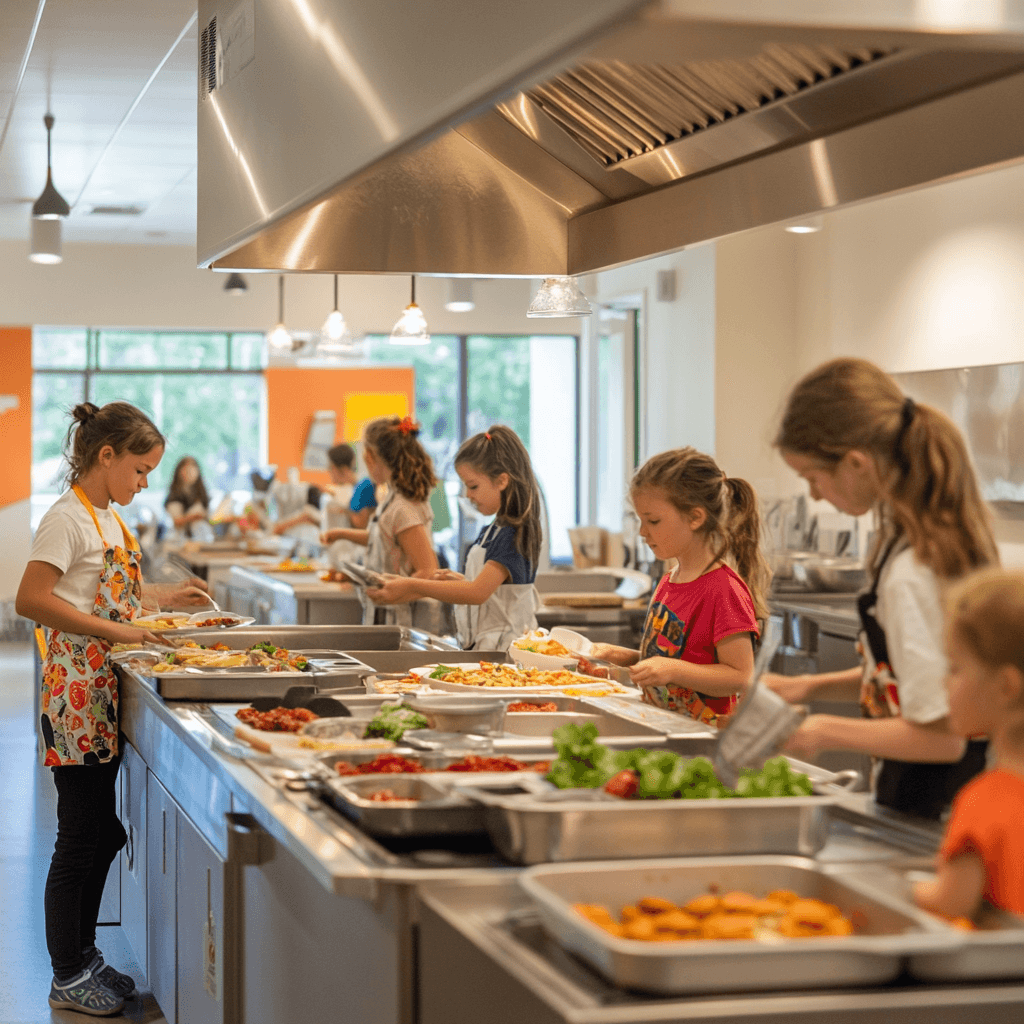 A vibrant community kitchen with volunteers serving meals to smiling children; bright and uplifting atmosphere.