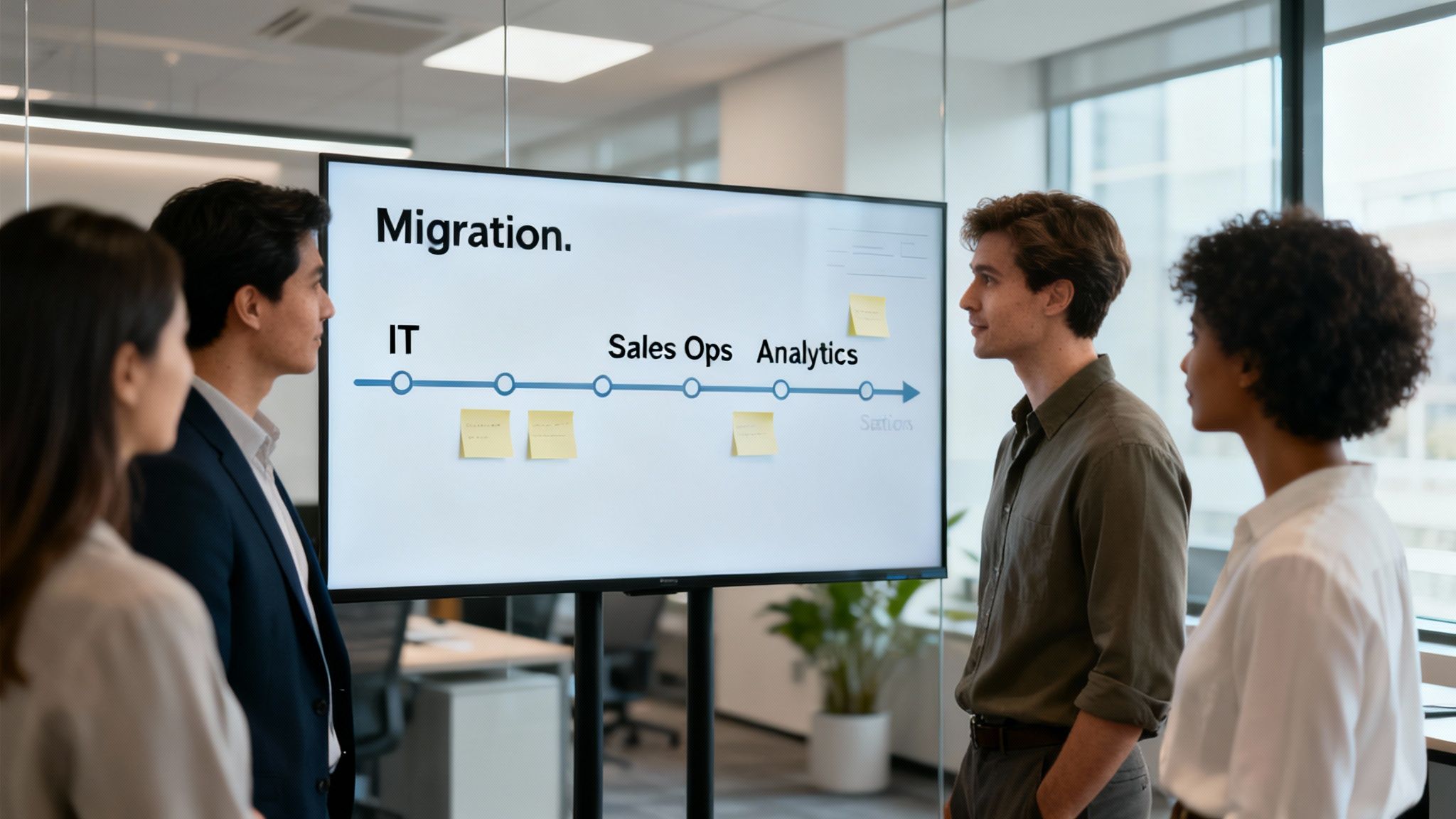 Business team discussing Salesforce migration roadmap with IT, Sales Ops, and Analytics phases on screen