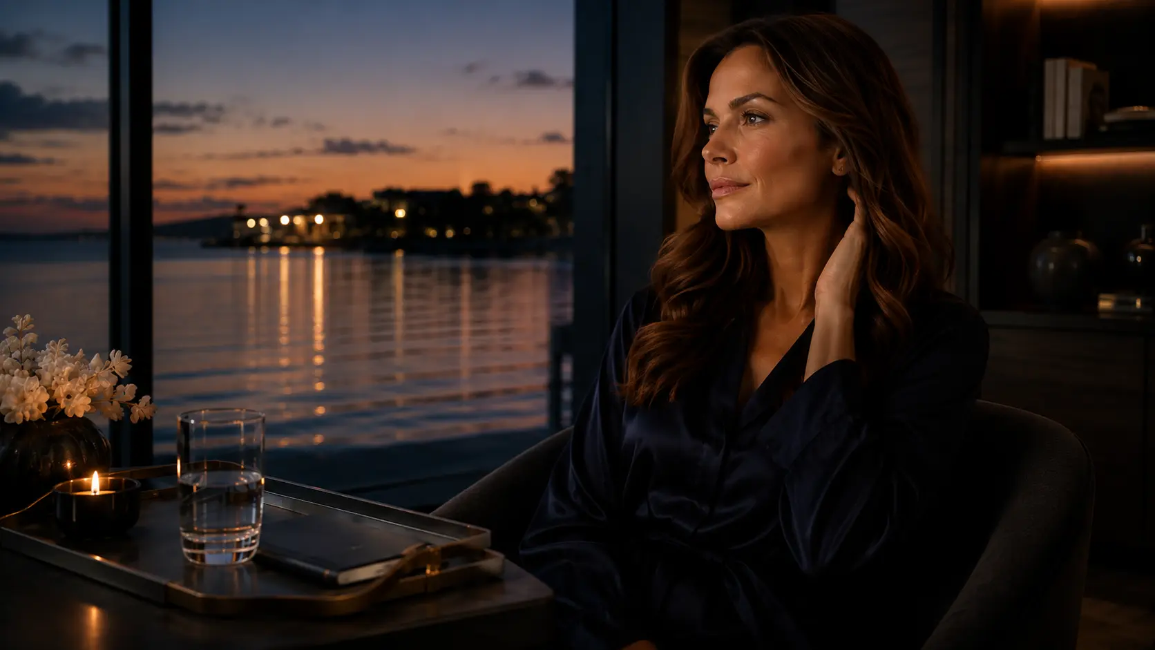 Woman seated by a waterfront window at dusk